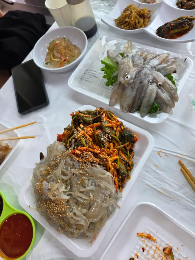 Silchi salad, small squid, Korean pancake, and soup at Jango Port Silchi Festival